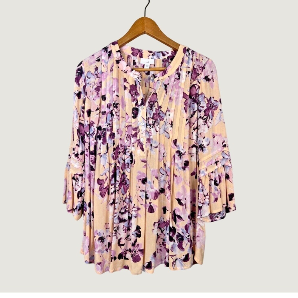 J. Jill Blouse Womens XS Petite Peach Floral Pintuck Bell Sleeve Rayon Top